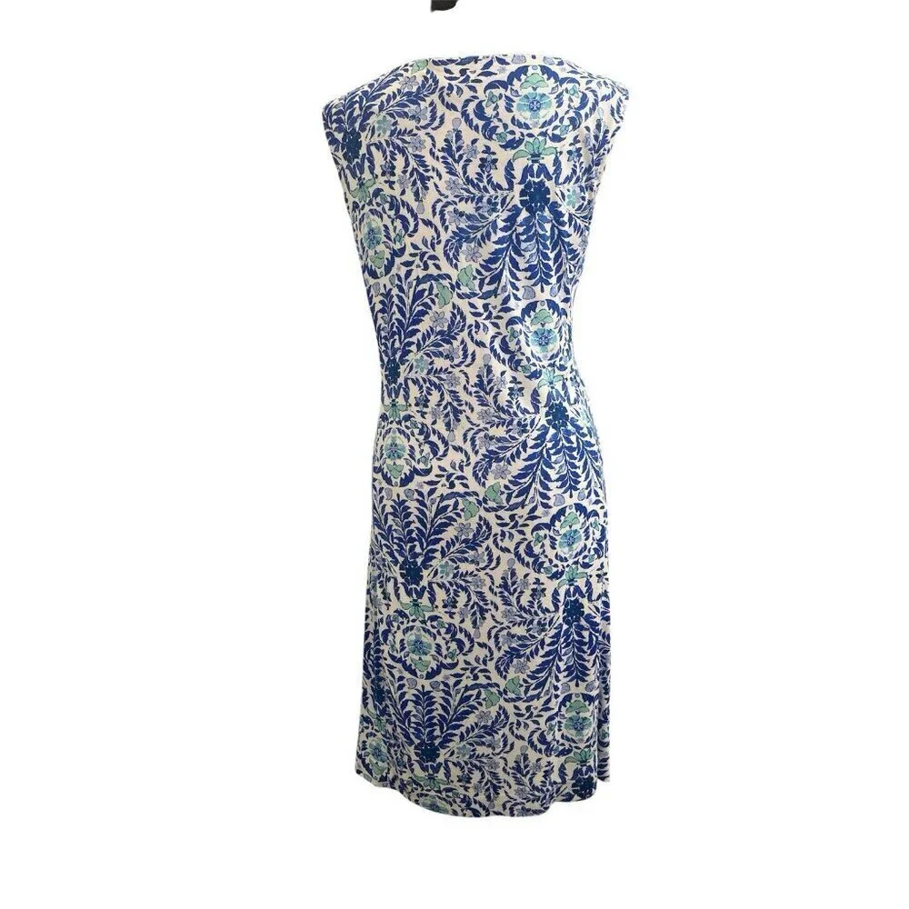 Tory Burch Ruched Knee Length Silk Dress Blue White Floral Print Lined Medium